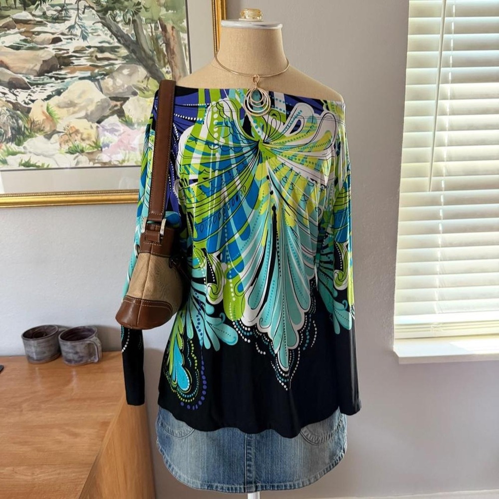 Early 2000's mod Investments colorful butterfly boatneck top